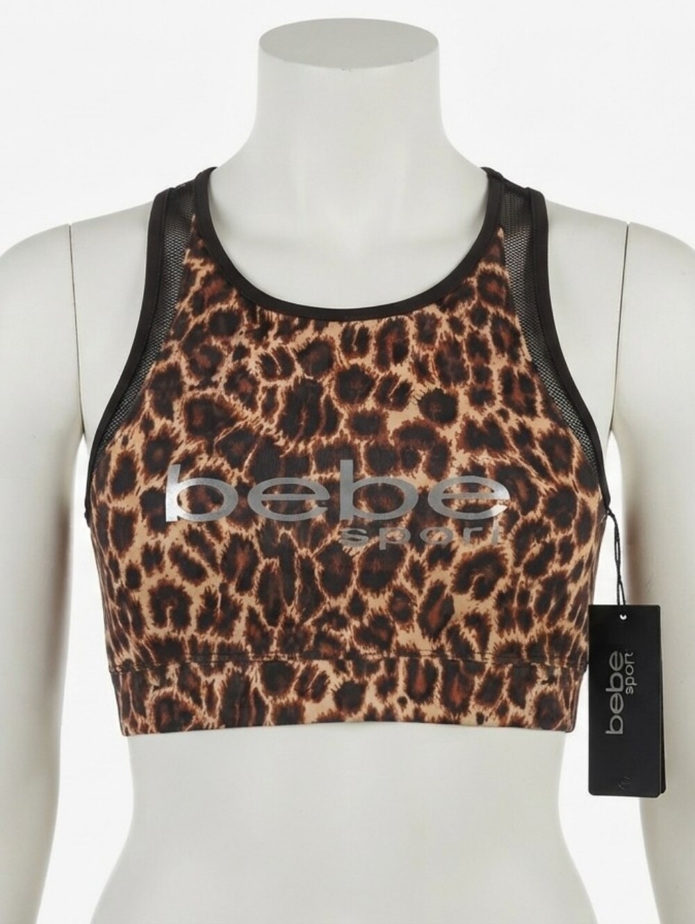 bebe Sport Leopard Print Mesh-Trim Athletic Crop Top - Black and Brown